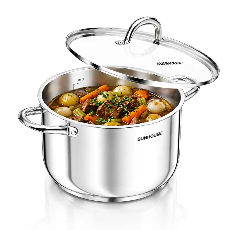 SUNHOUSE 12 Quart Stock Pot with Lid, Stainless Steel Large Pot for Cooking | Big Pots for Pasta, Soup - Stockpot for Canning, Seafood Boil with Impact Bonded Base - Oven Safe & Induction Compatible