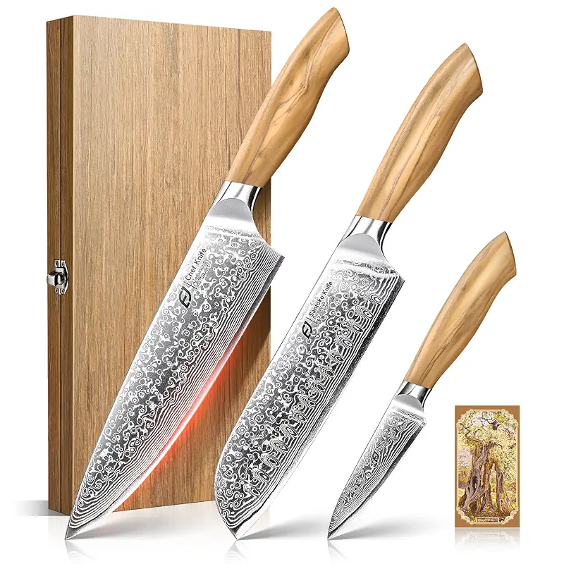 Emojoy Damascus Kitchen Knife Set, 3 PCS Japanese Chef Knife Set, 67-Layers Damascus Knife with Original Olive Wood Handle, Include Wooden Gift Box