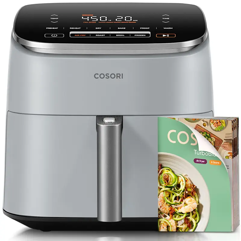 Cosori TurboBlaze 6 Qt Air Fryer, Ceramic Coating, 9-in-1, Light Gray | 90°-450°F, 5 Fan Speeds, Air Fry, Roast, Bake, Broil, Dry, Frozen, Proof, Reheat, Keep Warn, Dishwasher-Safe Basket, 1725W
