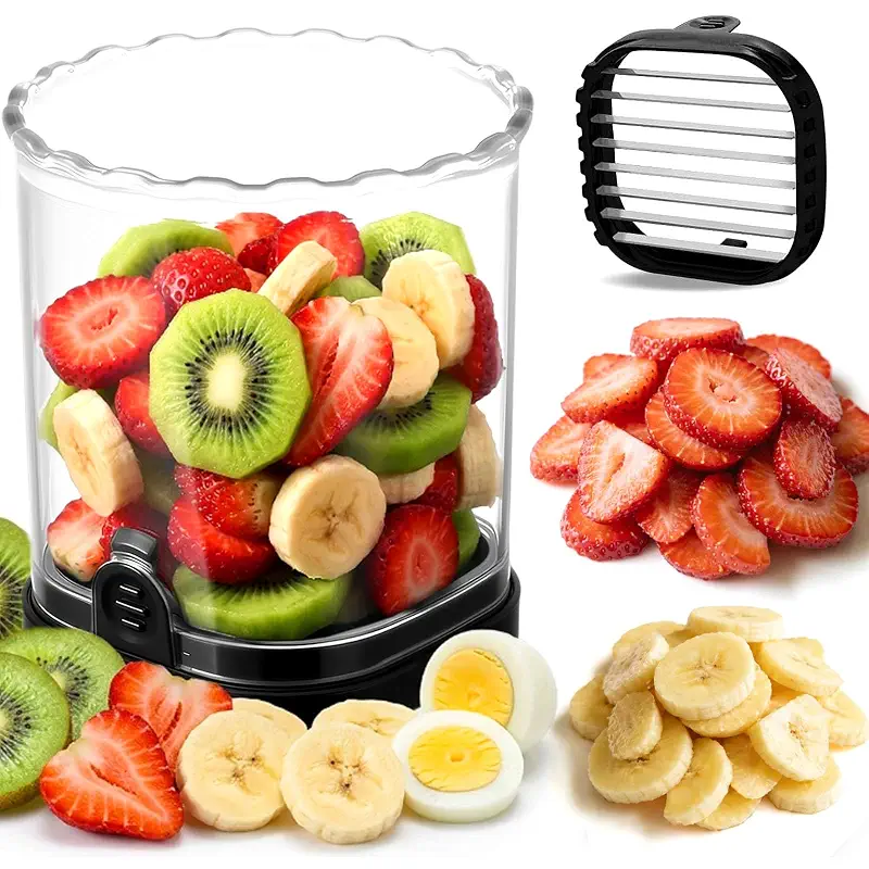 Hendiy Strawberry Slicer, Black, 1-Pack | Stainless Steel Blades, Egg & Fruit Slicer Cup, For Banana, Cucumber, Mushroom, ABS Detachable, Precision Berry Cutter Tool