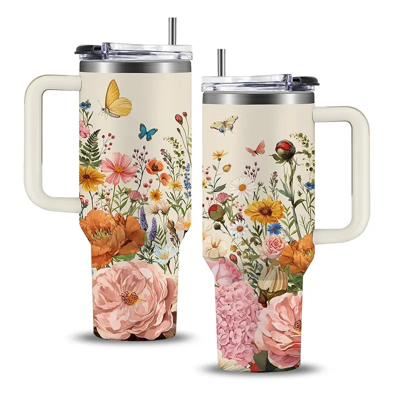 Floral Boho Tumbler 40oz, Flowers Gifts, Flower Coffee Cup Gifts for Women Girls, Abstract Retro Mid Century Flower Gift for Her on Christmas Birthday Mothers Day