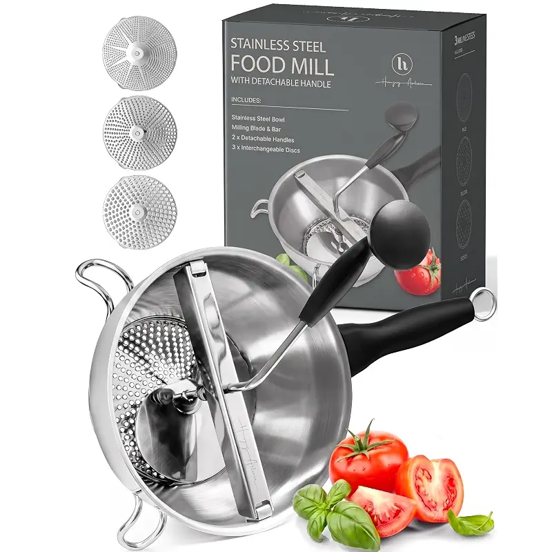 Hungry Artisan Compact Food Mill for Applesauce & Tomato Sauce | Stainless steel, 3 discs, handle nests inside for storage; rotary hand crank for canning, baby food, mashed potatoes & puree