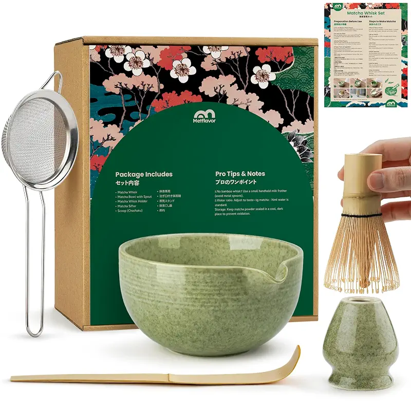 Matcha Whisk Set, Ceramic Bowl Matcha Kit & Handcrafted Bamboo Chasen, Complete 5 Pcs Matcha Set Whisk and Bowl, Stainless Steel Sifter, Bamboo Scoop & Holder for Matcha Lovers