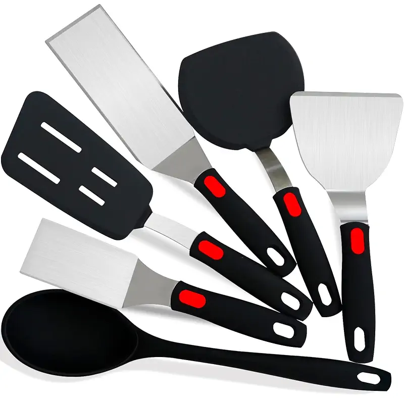 Spatula Set 6-Piece - kitchen utensils set cooking Stainless Steel Turner Set, 600°F Heat Resistant, Metal Spatulas for Griddle/Cast Iron & Nonstick Safe Silicone Tools for Egg, Pancake, Burger