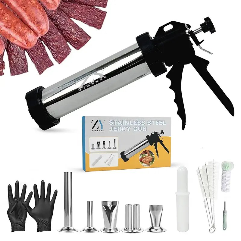 Stainless Steel Beef Jerky Gun Kit, Sausage Stuffer & Meat Maker | Includes 5 nozzles, 1 meat pusher, 5 cleaning brushes & gloves for snack sticks, venison, homemade sausage, gift-ready