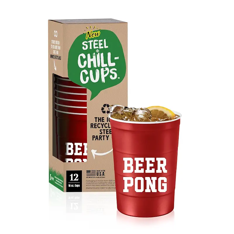 Steel Chill Cups 16 oz. Durable & Reusable Party Cups, Beer Pong, 12 Count | Made in USA from Steel these durable cups chill fast & keep your drink cold for longer, 100% recyclable for sustainablity
