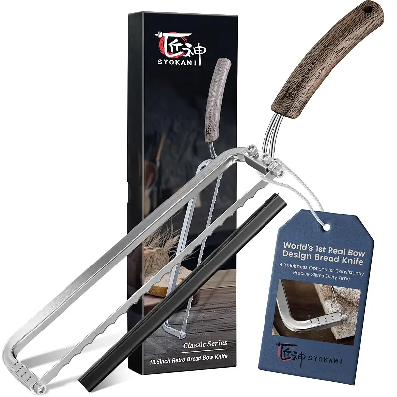 SYOKAMI 2026 Upgrade Bread Knife for Homemade Bread, World's 1st Bow-Design | Razor-Sharp Bread Slicer for Crusty Sourdough & Baguette, 4 Thickness Scale Marks Cutter, Offset Handle, Ideal for Gift