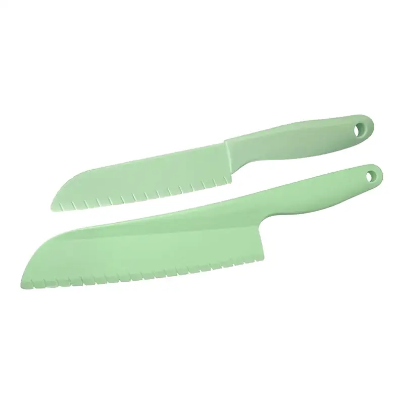 2Pcs Green Lettuce Knife Cutter Set,Professional kitchen Cooking plastic Serrated knife for Veggies, Salad,Fruit,Cake, Bread and More