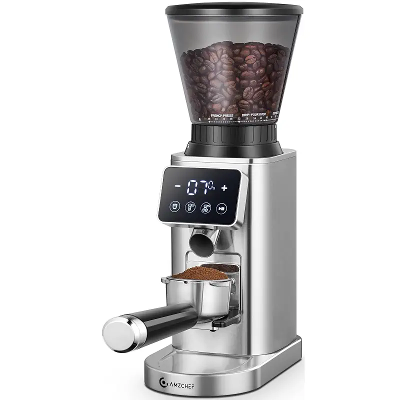 AMZCHEF Conical Burr Coffee Grinder, 48 Grind Settings, Anti-Static Burr Mill with Precision Timer & LED Touchscreen, for Espresso, Drip, Pour Over, Cold Brew & French Press, Stainless Steel, Silver