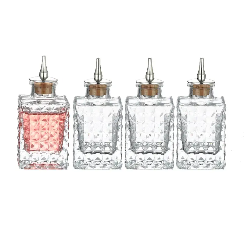 Glass Bitters Bottles with Dasher Top, Set of 4, Vintage Pattern 3oz/90ml (90ml Diamnd 4pcs)