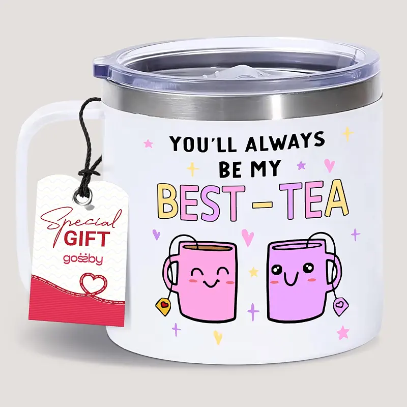 Gossby Bestie Gift for Women - 14oz BEST-TEA Insulated Tumbler Mug - Friend Tumbler Mug for Woman - Christmas, Birthday, Friendship Gift for Best Friend - Bestie Cup with Lid, Straw