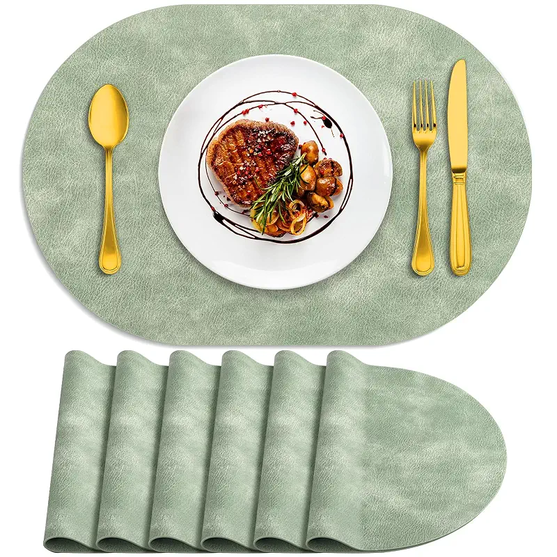 ADRIMER Placemats, Heat Resistant Oval Placemats Set of 6 Washable 12 x 17 Inch, Waterproof Table Mats, Wipeable Pu Place Mats for Kitchen, Dining Room, Green