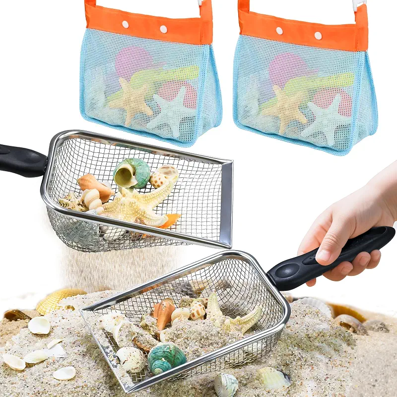 2 PCS Beach Mesh Shovel Sand Sifters with 2 PCS Mesh Beach Bag | Shark Tooth Sifter for Shell Collecting, Filter Sand Scooper Shells Tools for Boys and Girls