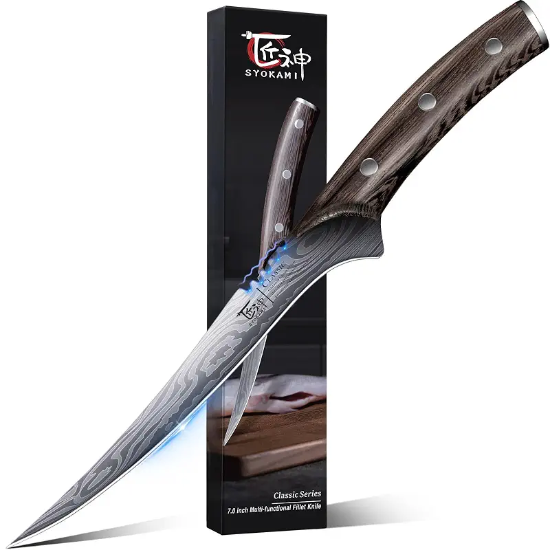 SYOKAMI Fillet Knife for Fish, Razor Sharp 7.2 Inch Boning Knife | Japanese Style Filet Knife with Wood Full Tang Handle, Professional High Carbon Stainless Steel Fishing Knife, Ideal Gift