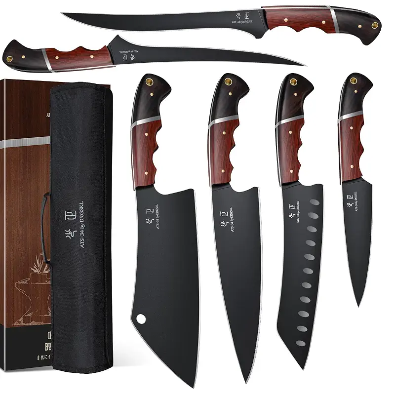 DRGSKL Kitchen Knife Set with Bag - 6 PCS Chef Knife Set with Wooden Handle | Japanese ATS-34 Steel, Full Tang, Ergonomic Walnut Handle, Precision Cutting, Gift Box