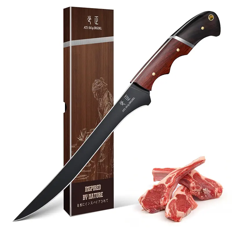 DRGSKL Boning Knife 7 inch - Brisket Trimming Knives for Meat Cutting | Japanese ATS-34 Steel, Full Tang, Ergonomic Walnut Handle, Precision Cutting, Gift Box