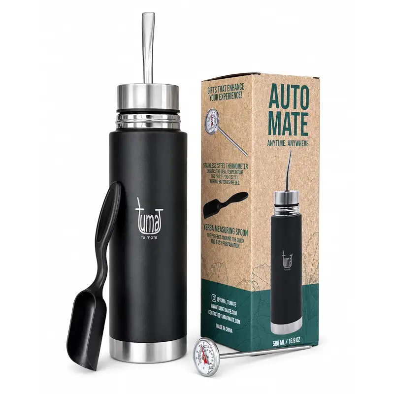 Tuma Tu Mate Automate Self-Serving Yerba Mate Kit, Thermo - Mate Cup 500ml | Insulated Steel Thermos, Autocebante Spout System, Thermometer, Measuring Spoon, Travel Mate Set for Easy Daily Serving