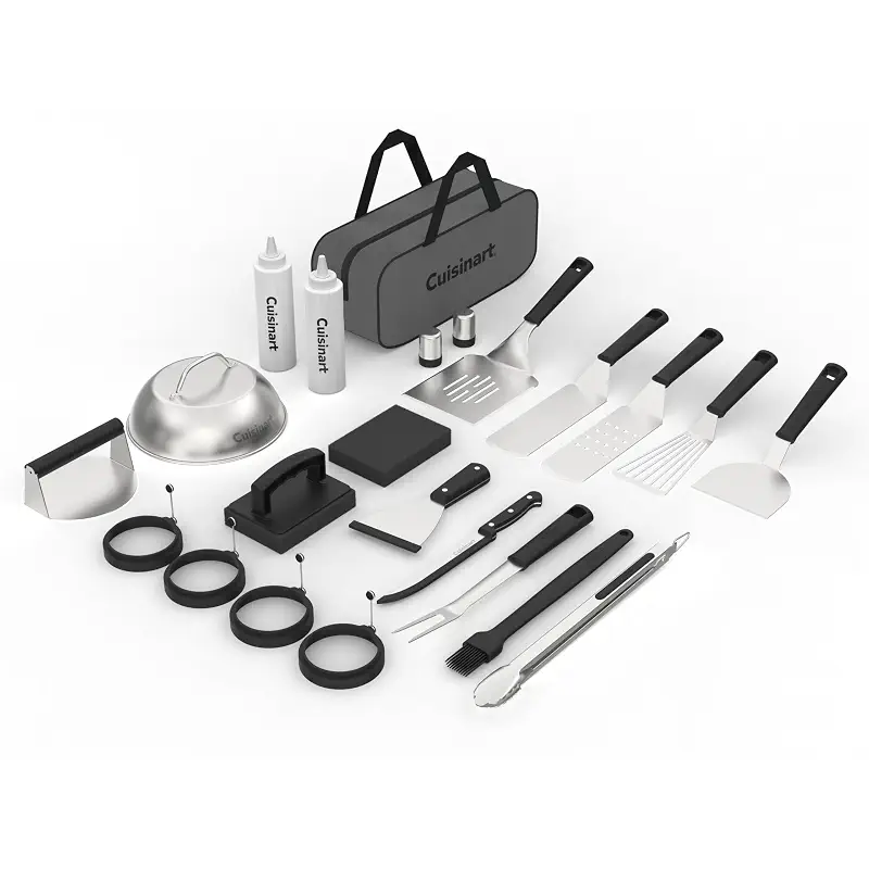 Cuisinart 24-Piece Griddle Tool Set with Storage Tote, Stainless Steel Flat Top Grill Accessories with Spatulas, Melting Dome, Smash Burger Press, Scraper & Tongs, Perfect for BBQ, Tailgates, Camping