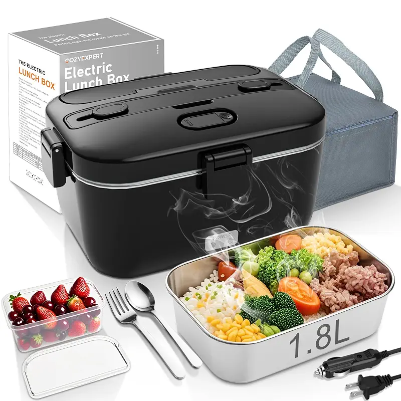COZYEXPERT Electric-Lunch-Box-Heated-Food-Warmer 100W Heating Box for Adult | 1.8L Portable Food Heater for Work/Car, 12V/24V/110-230V Lonchera Eléctrica Portátil with Fork Spoon (Black)