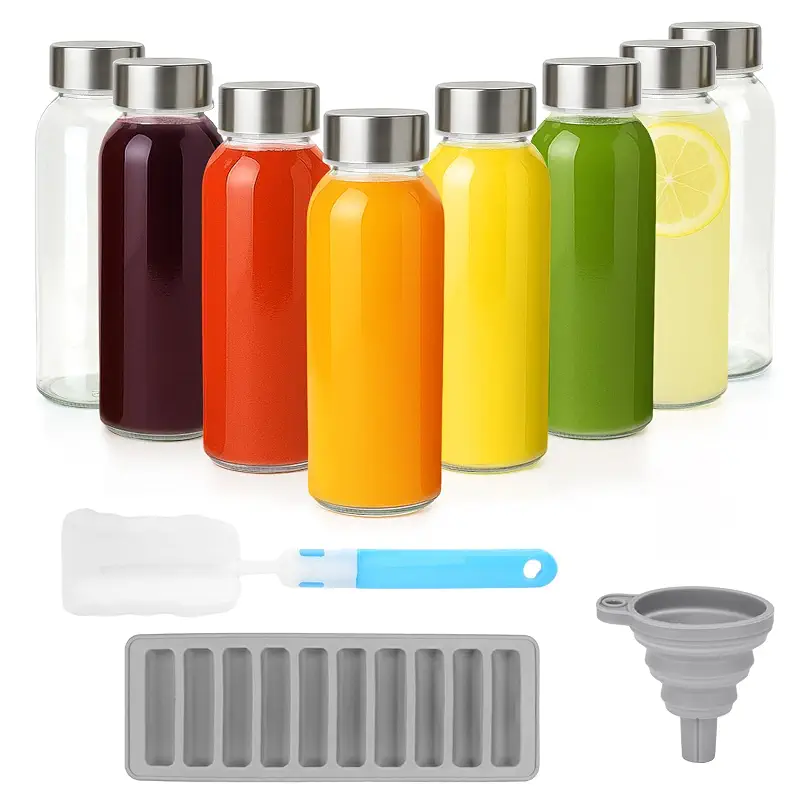 Zukro 10.5 oz Glass Juice Bottles with Stainless Steel Lids, Leak Proof | 8 Pack, BPA Free, Airtight Reusable Small Clear Glass Jars Set for Juicing, Water, Smoothie & Milk, Dishwasher & Fridge Safe
