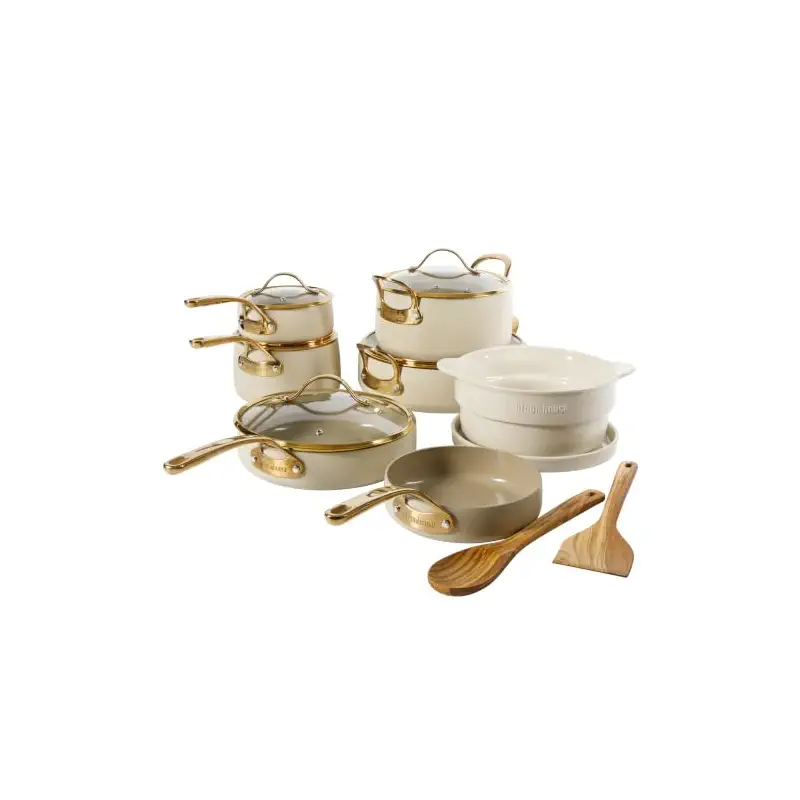 Bloomhouse 15-Piece Ceramic Nonstick Cookware Set, Two Time Oprah's Favorite Things, Heavy-Gauge Aluminum Pots and Pans Set, PFAS & PFOA & PTFE Free Ceramic Cookware, Oven Safe to 500°F, Almond Cream