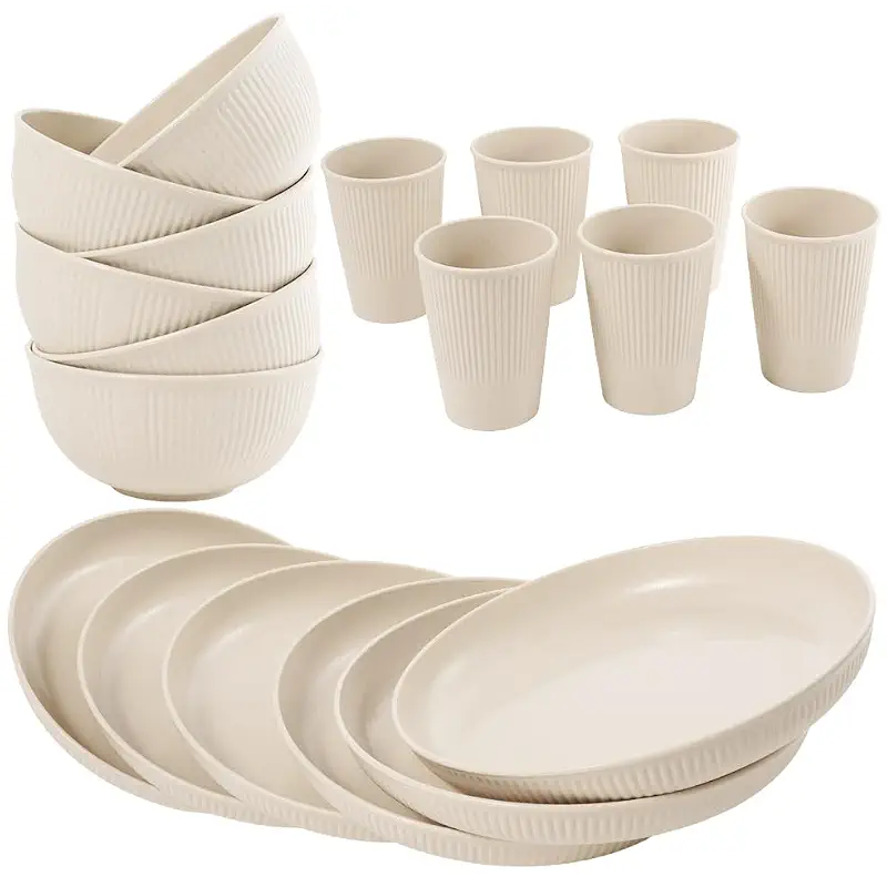36-Piece Reusable Wheat Straw Dinnerware Sets for 6, Farielyn-X Unbreakable Reusable Set Kitchen Cups, Plates, Bowls Sets & Cultery Dishwasher Microwave Safe - Patio, Outdoors, RV, Camping Dishes