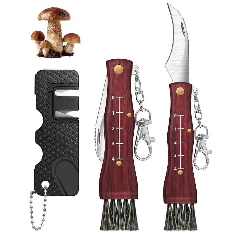 2 Pack Mushroom Knives with Brush & Knife Sharpener, Folding Pocket Knife with Wood Handle for Men Women, Foraging Kit for Outdoor Camping