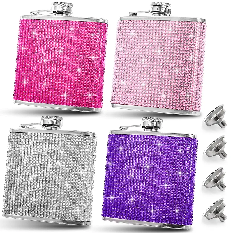 4 Pack Flask for Liquor for Women, 6OZ Cute Rhinestones Stainless Steel Hip Flask, Girls Glitter Bling Pocket Decorative Flasks with Funnel Set for Vodka, Whiskey, Wine, or Alcohol Drink