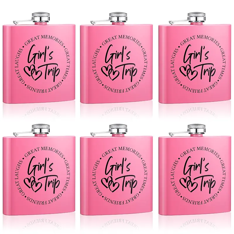 Chengu 6 Pcs Girls Trip Flasks for Women Liquor 6oz Pink Steel | Bachelorette Party Favors, Weekend Getaway Gifts, Bridesmaids Wedding Gifts, Stainless Material, Trip Memories