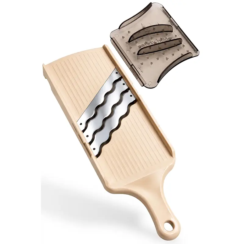 Arnest Japanese Cabbage Slicer Mandoline, 3-Blade Triple Wave Ultra-Thin Shredder for Tonkatsu-Style Slaw, Stainless Steel Wave Blades, Safety Holder, Easy-Rinse Clean, Compact Beige, Made in Japan