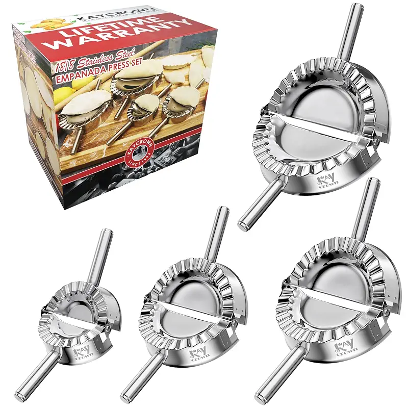 KAYCROWN Empanada Maker Press, Stainless Steel Dumpling Maker Set, 2-in-1 Dough Cutter Dumpling Mold Set for Ravioli, Pierogi, Turnovers, Calzone, Dumpling, 4 Sizes (XL/6"+L/4.75"+M/4"+S/3.25")