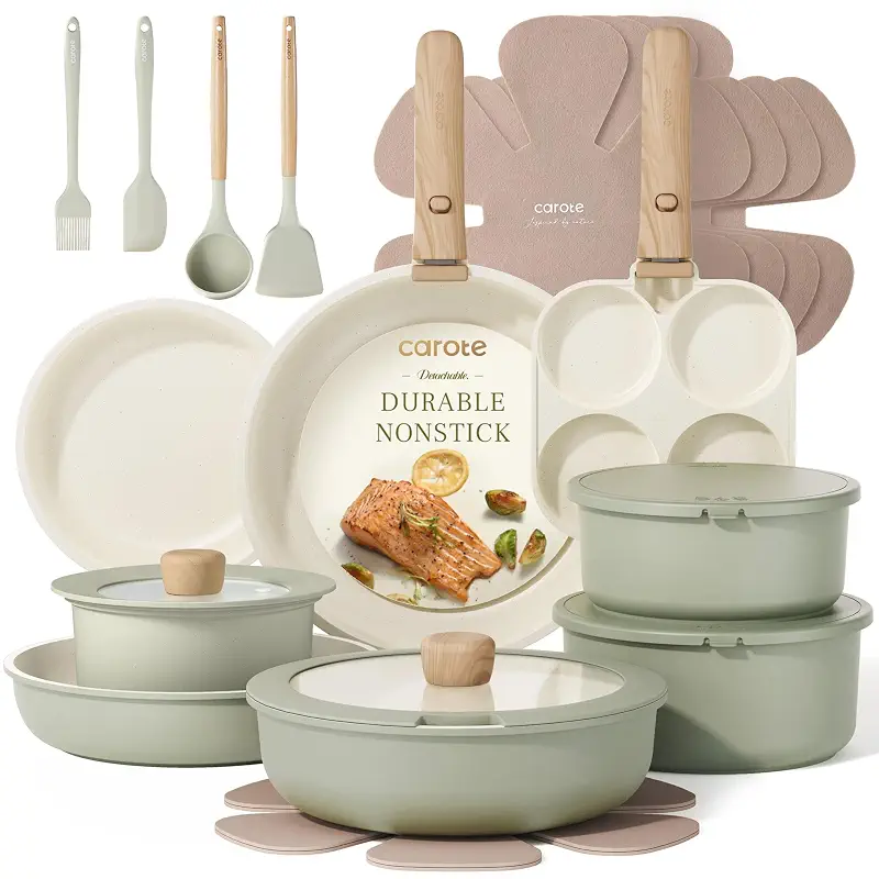 CAROTE 25pcs Pots and Pans Set Non Stick, Cookware Set Detachable Handle | Induction Compatible, Dishwasher & Oven Safe, Space Saving, Camping Cooking Set, Kitchen Set, Green