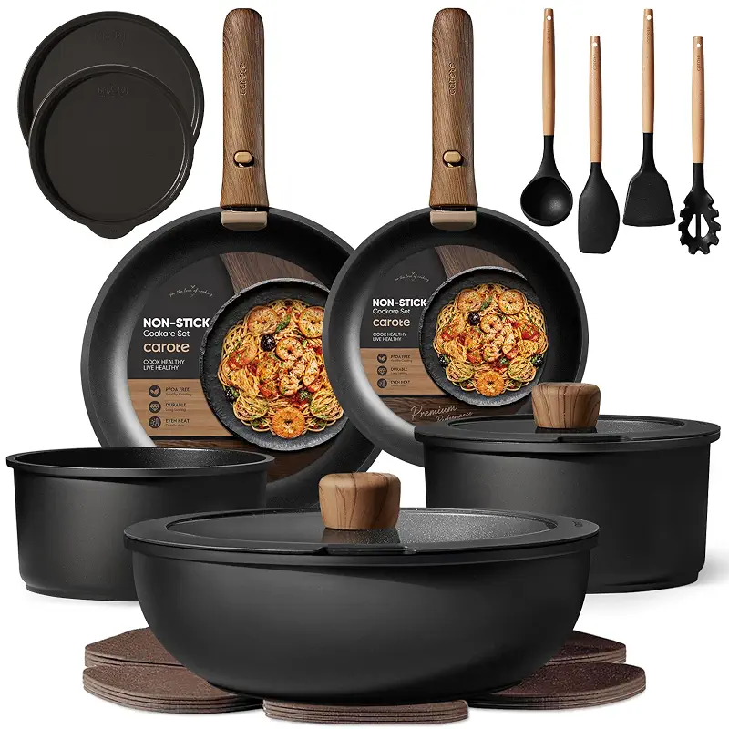 CAROTE 19pcs Pots and Pans Set Non Stick, Detachable Handle Cookware, Black | Induction Compatible, Dishwasher & Oven Safe, Space Saving, for Camping/RV/Traveling, Kitchen Cooking Set