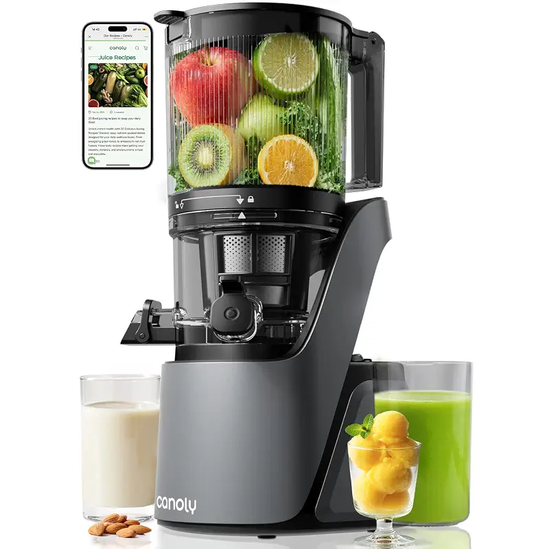 Canoly C16 Cold Press Juicer, 6" Extra Wide Feed Chute, 3-IN-1 Strainers (Juice & Sorbet & Nut Milk), Powerful AC Brushless Motor, Self Precut System, Juicer Machines with BPA-Free (Space Gray)