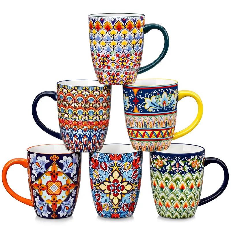 vancasso SIMI 16 oz Large Coffee Mugs Set of 6, Ceramic Cups with Handle | Bohemian Mug, Ideal for Coffee, Latte, Tea, Cappuccino and Hot Chocolate, Dishwasher Microwave Safe for Daily Use Gift Set