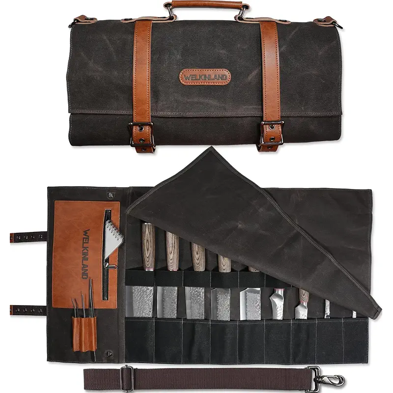 WELKINLAND 13-Pocket Knife Roll, Waxed-Canvas Leather Knife Roll Bag, Heavy-Duty Chef Knife Roll Bag, WaterProof Knife Wrap Roll, Portable Chef Knife Roll Up, Chef Knife Bags And Rolls