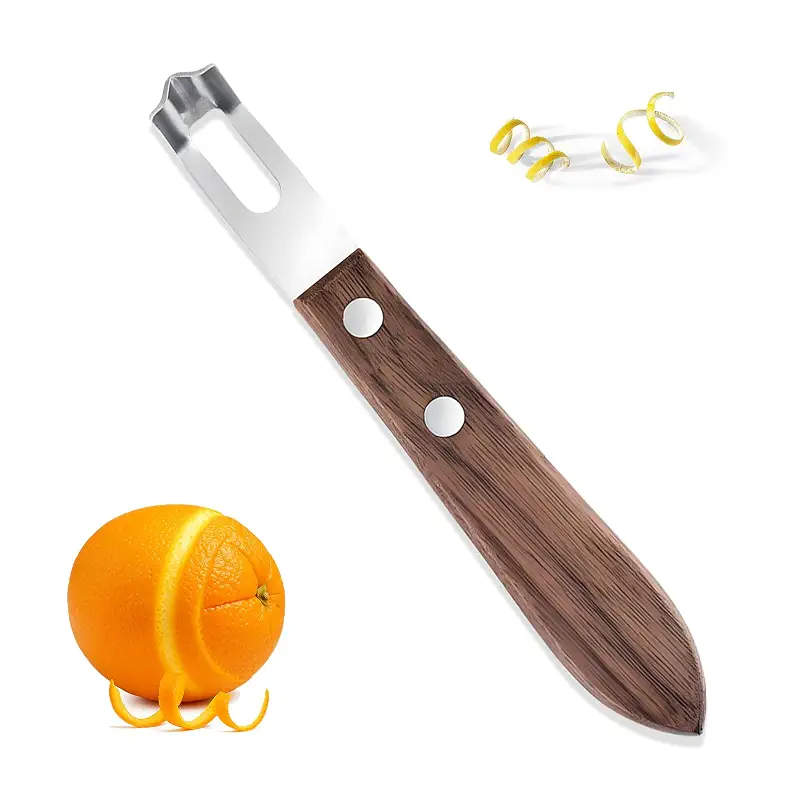 Channel Knife for Zesting Stainless Steel Bar Tool with Wood Handle, Curved Blade for Lemon/Orange Twists Cocktail Garnish Tool for Bartenders & Home Mixologists