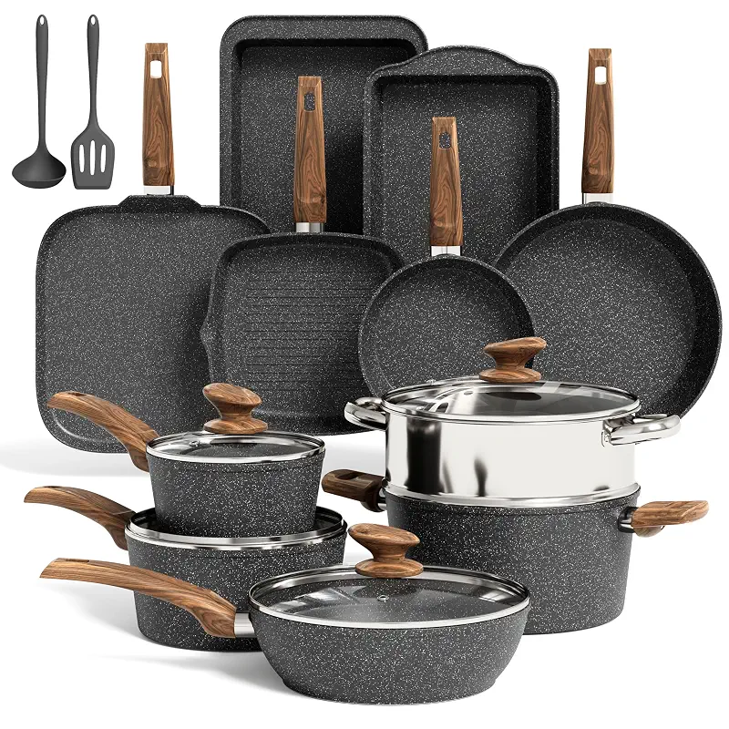 Kitchen Academy Induction Cookware Set Non Stick, 17Pcs Granite Pots & Pans | Nonstick Cooking Frying Pans for Induction Gas Electric Stove, Non-Toxic PFOA & PFOS Free, Black