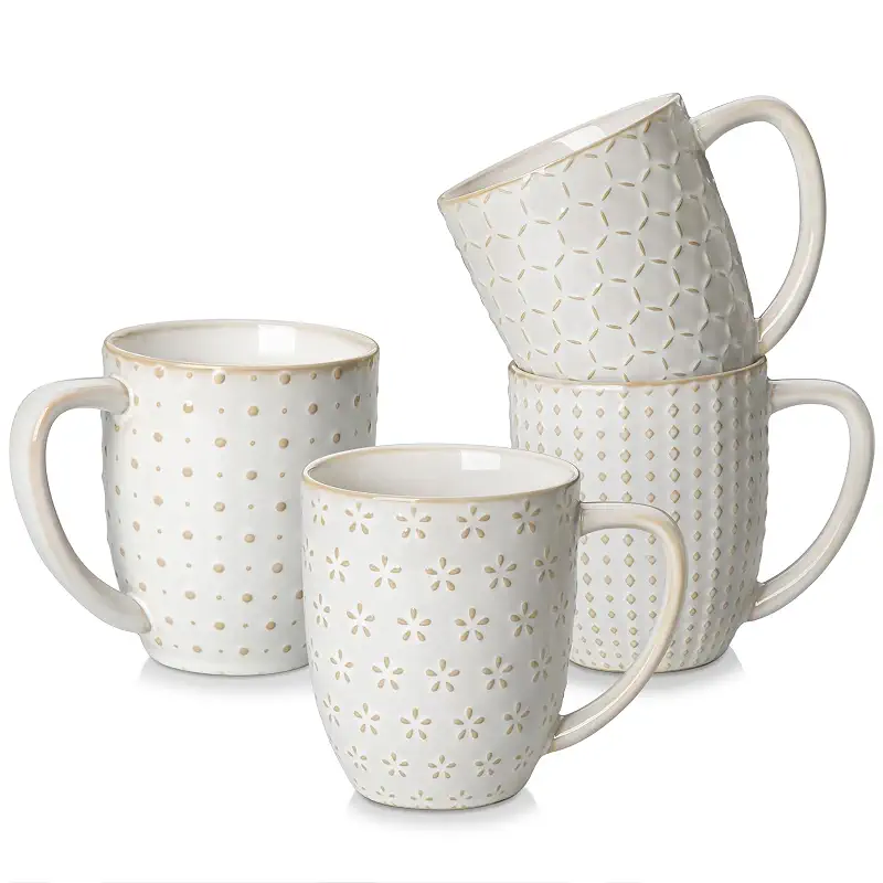 MALACASA LYDIA 16 Oz Coffee Mugs Set of 4, Ceramic Embossed Cups | For Coffee, Latte, Cappuccino, Tea, Dishwasher, Microwave Safe, Lead-Free Ceramic, Comfortable Handle, Gift Set