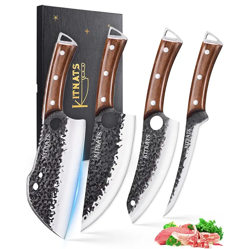 KITNATS 4PCS Butcher Knife Set, Hand Forged Full Tang BBQ Knives | Includes butcher knife, chef knife, BBQ prep knife and boning knife for meat cutting, grilling, kitchen prep and gifting