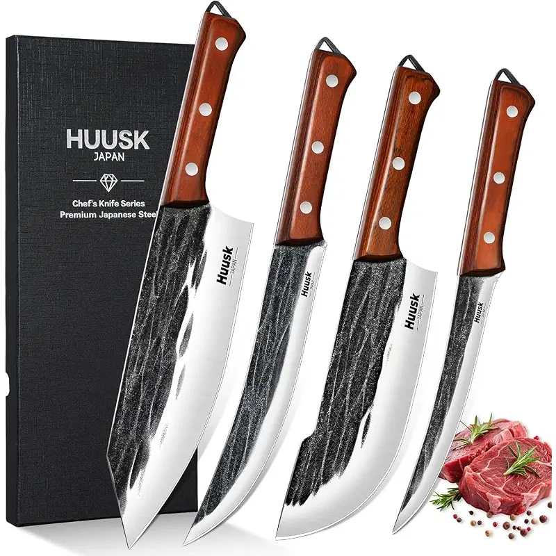 Huusk Butcher Knife Set, 4 PCS Hand Forged BBQ Knife Set for Meat Cutting | Sharp Meat Carving Breaking Knives with Ergonomic Handle for Home and Camping, Gifts for Men Women