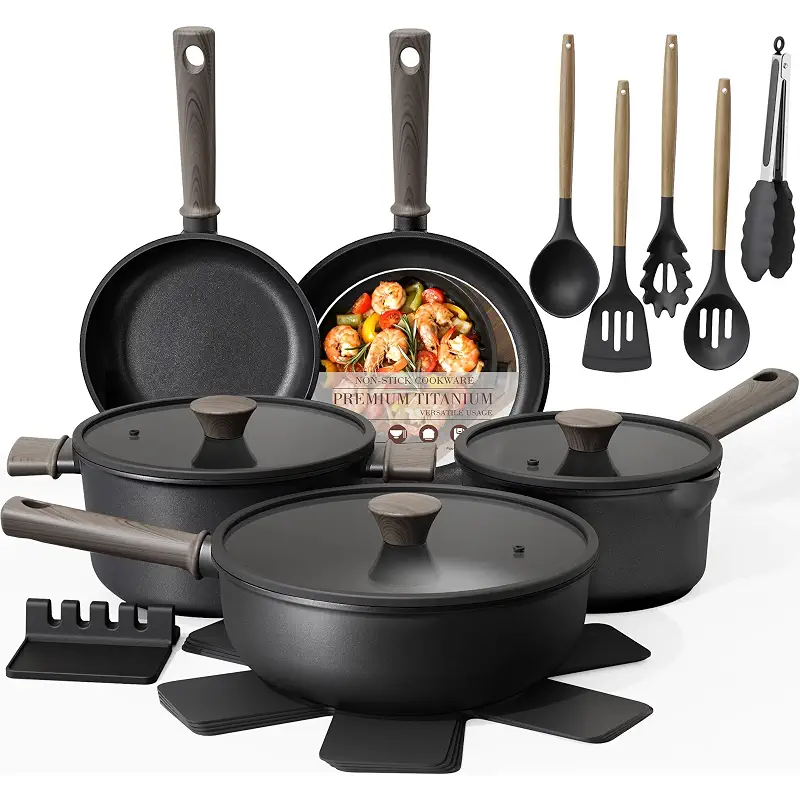 Astercook 19 Pcs Pots and Pans Set Non Stick, Black Titanium Induction Kitchen Cookware Sets, Non toxic Healthy Kitchen Cooking Set with Frying Pans Set, PTFE PFOA PFOS Free, Fathers Day Gift for Men