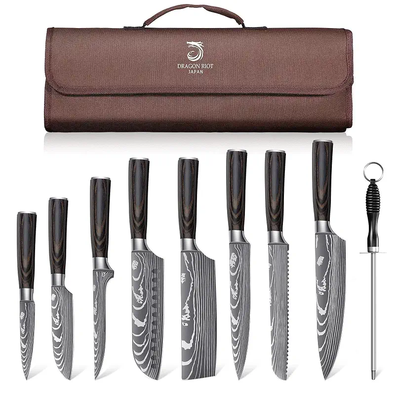 DRAGON RIOT Damascus Kitchen Knife Set, Damascus Steel, Brown Handle | Stainless Steel, Damascus Pattern, Roll Bag, For Meat Processing and Everyday Kitchen Prep