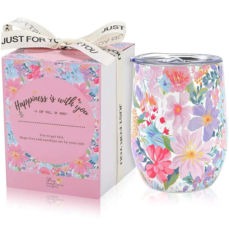 12oz Floral Insulated Wine Tumbler with Lid, Small Birthday Gift for Women | Ready-To-Gift Box for Friend, Teacher, Coworker, Bridesmaid, 304 Stainless Steel Pink Cup for Coffee,Cocktail,Office