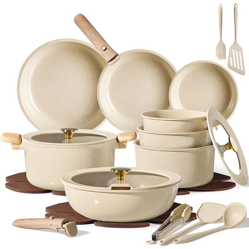 CAROTE 25pcs Ceramic Cookware Set, Pots and Pans Set with Detachable Handle | Non-Stick, Non-Toxic, PFAS & PFOA Free, Induction Compatible, Dishwasher & Oven Safe, Space Saving, Camping Cooking, Oatmeal