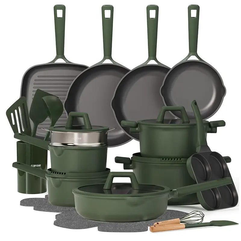 CAROTE 31pcs Pots and Pans Set, Nonstick Cookware Set | Egg Pan, Steamer & Durable Silicone Utensils, Even Heating, All-Stovetop Compatible, Green