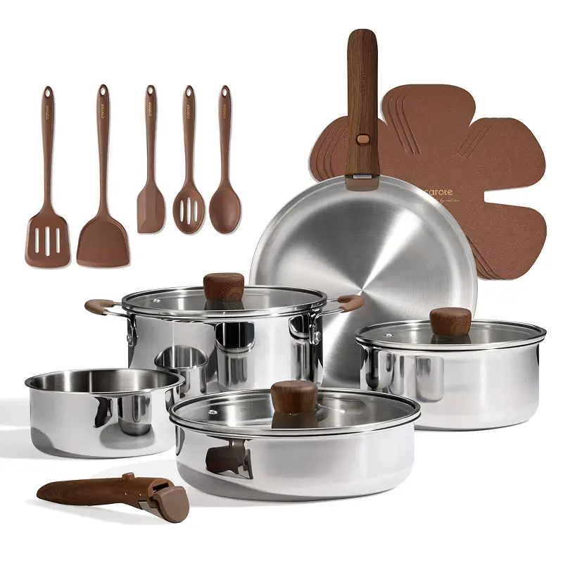 CAROTE 19pcs Tri-Ply Stainless Steel Cookware Set with Detachable Handle | Pots and Pans Set, Even Heating, Non-Toxic, Induction Compatible, Dishwasher& Oven Safe, Space Saving, RV Cooking,Woodgrain