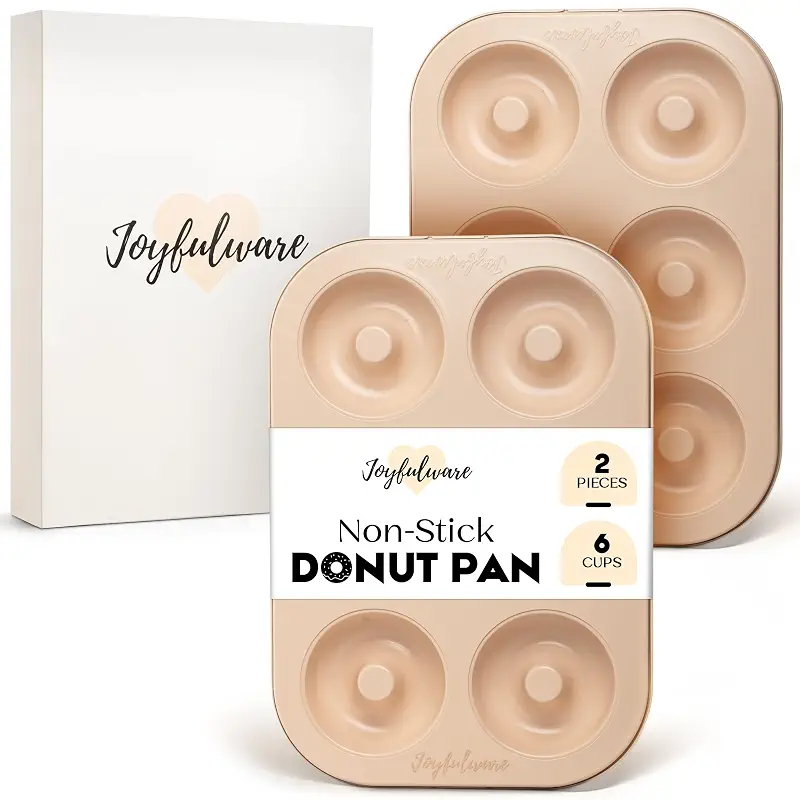 Donut Pan for Baking - Set of 2 Non-stick Donut Pans - Carbon Steel Doughnut Pan - 6 Cavity Full-Sized Donut Molds for Baking - Trendy Beige Donut Baking Pan