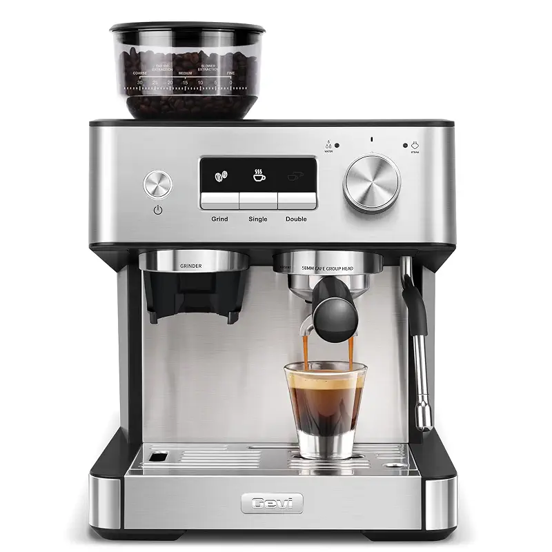 Gevi 20 Bar Espresso Machine with Grinder & Steam Wand for Latte Cappuccino | Removable Water Tank, Powerful Milk Frother, Stable Pressure System For Crafting Silky Homemade Coffee Drinks