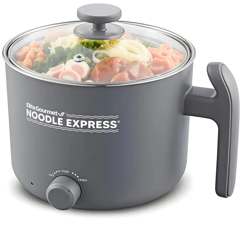 Elite Gourmet Noodle Express Electric Hot Pot, Stainless Steel, Grey | Prepares ramen, rice, soups & stews, boils water fast - glass lid - High/Low/Off settings